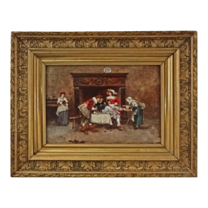 Antique Genre Painting Musketeers and Fortune Teller Tavern Scene Framed Spanish Wall Art Oil on Board