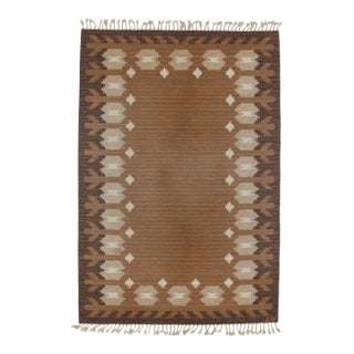 Vintage Swedish Rollakan Rug in Camel and Ivory Folk Motifs - Rug & Kilim For Sale