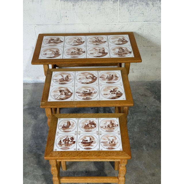 Oak Ceramic Tile-Top Nesting Tables Set of 3 Brown Scenic Windmill Motif Vintage For Sale - Image 11 of 11