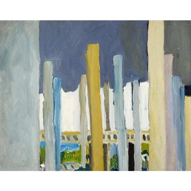 Contemporary Vintage Abstract Structure Street View Gray & Mustard Painting For Sale - Image 3 of 3