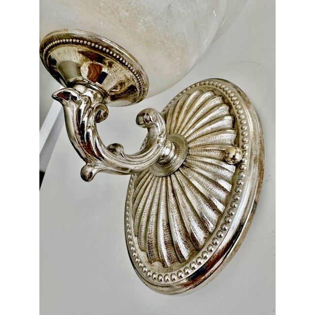 Pair Silver Nickel Alabaster Sunburst Wall Sconces For Sale - Image 13 of 18