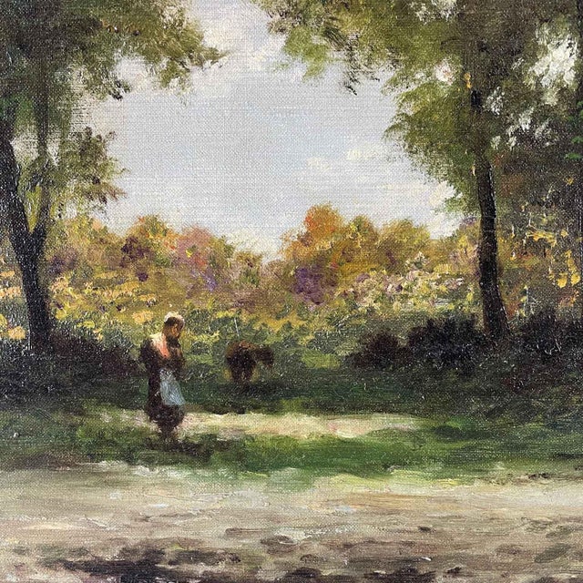 Gigi Comolli, Landscape with Trees, circa 1950, oil on canvas, within a guilloché frame of carved and ebonized wood with...