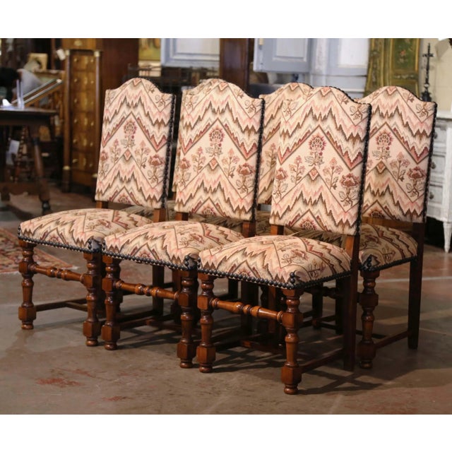 Late 20th Century Set of Six Mid-Century French Louis XIII Walnut Dining Chairs With Tapestry Seat For Sale - Image 5 of 10