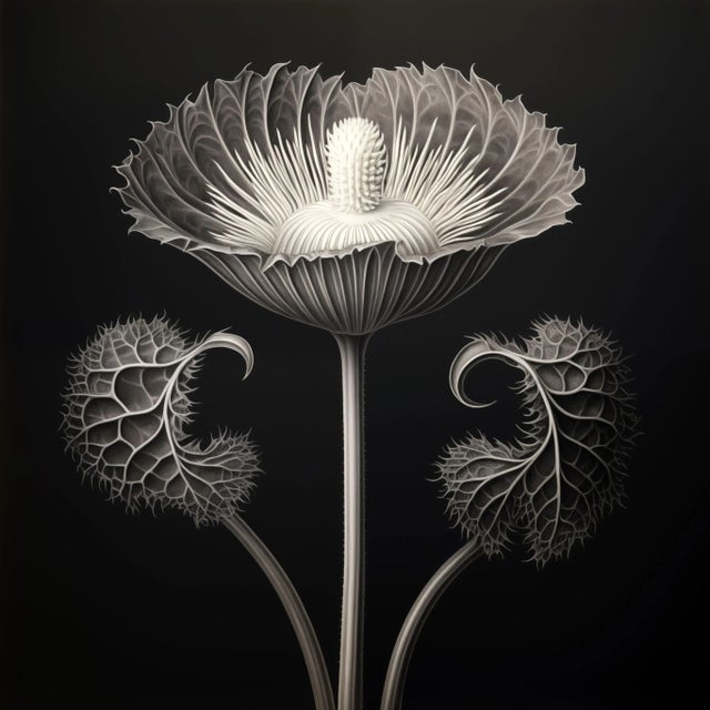 A striking black-and-white botanical print featuring Cotula Turbinata, meticulously restored and remastered from an...