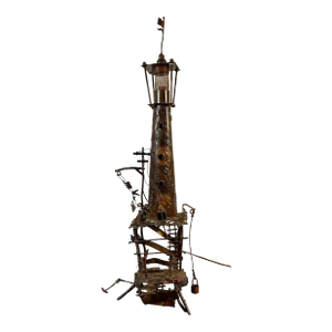 Vintage Mid Century Figural Metal Lighthouse Sculpture Table Lamp Style of Curtis Jere