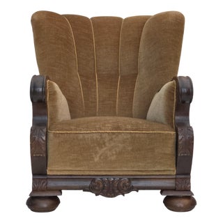 Danish Chair in Green Velour and Carved Oak, 1950s For Sale