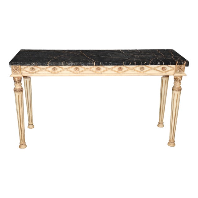 Louis XVI Style Distressed Painted and Gilt Marble Top Console Table For Sale