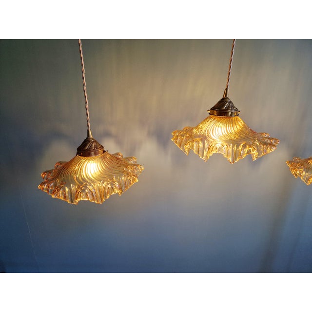 Gold Amber-Colored Pleated Glass Pendant Lights, 1930s, Set of 3 For Sale - Image 8 of 18