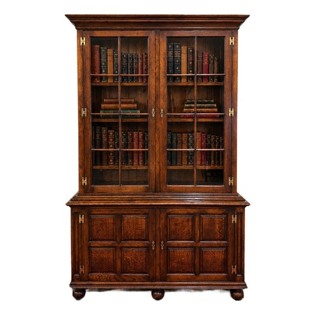 Antique English Large Bookcase Bookshelf Cabinet Double Door Glass Oak C. 1910s For Sale