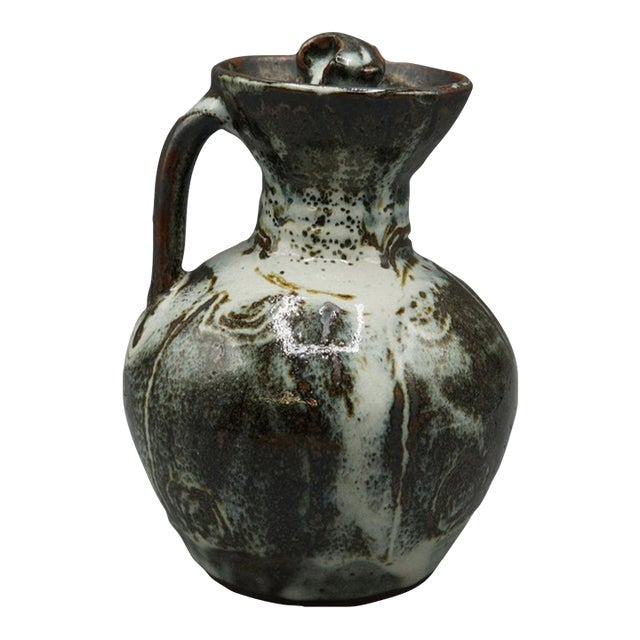 Mid 20th Century Studio Stoneware Ewer Pitcher Reduction Glaze Sgraffito Spiral Signed For Sale