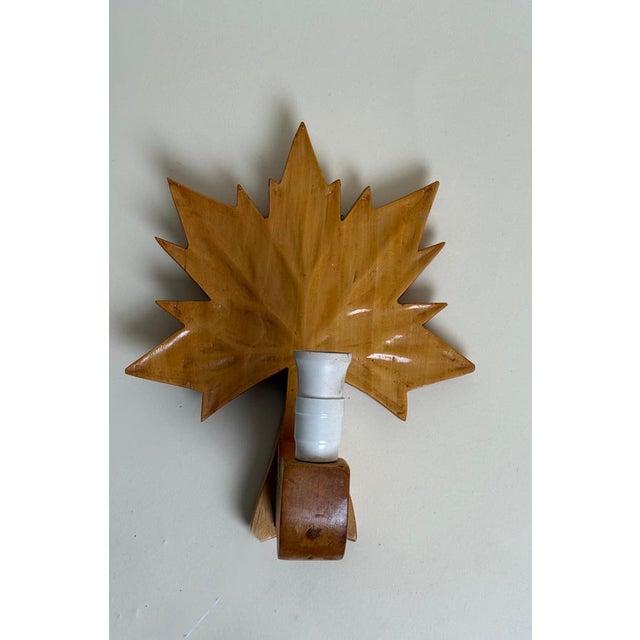 Swedish Hand-Carved Maple Leaf Wall Lamp with Sisal Shade, 1950s For Sale - Image 3 of 13