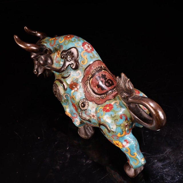 Asian Late 19th Century Cloisonné Enamel Ox Figure, 2400g, Gilt Bronze For Sale - Image 3 of 12