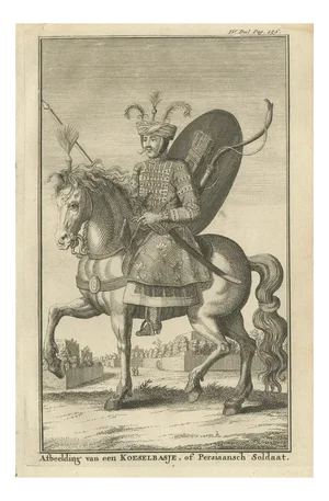 Mounted Persian Soldier Safavid Military Costume, 1800s, Paper