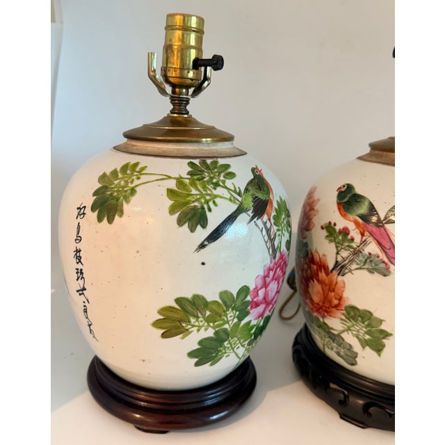 Pair of Chinese Famille Rose Chinoiserie Porcelain Handpainted Ginger Jar Table Lamps, Pink and Green Floral With Birds and Calligraphy For Sale - Image 18 of 18