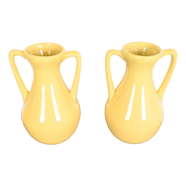 Roseville Pottery Arts & Crafts Large Yellow Glazed Handled Art Pottery Jugs or Vases, Pair For Sale