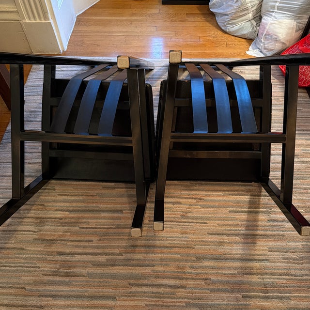 1980s Set of 4 Postmodern Black Wood and Leather Strap Dining Chairs For Sale - Image 12 of 12