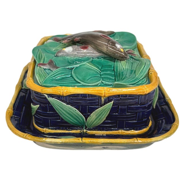 Victorian A Victoria Pottery Majolica Cobalt Basketweave Sardine Box, English, Ca. 1883 For Sale - Image 3 of 12