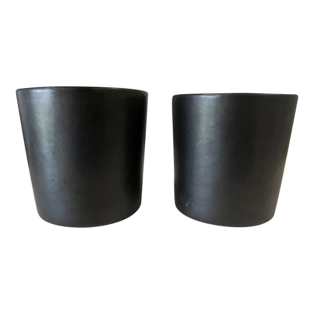 Vintage Mid Century Modern Ceramic Matte Black Architectural Studio Haeger California Pottery Planters - Set of 2 For Sale