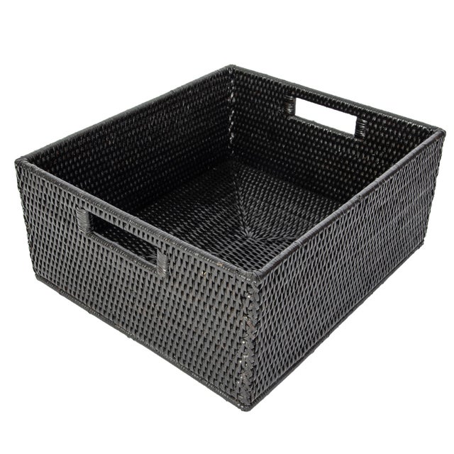 Artifacts Rattan Rectangular Basket with Cutout Handles in Tudor Black - 14" For Sale In Houston - Image 6 of 10