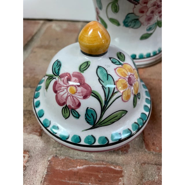 Hand Painted Majolica Jars From Portugal With Birds & Flowers - Set of 2 For Sale - Image 9 of 12