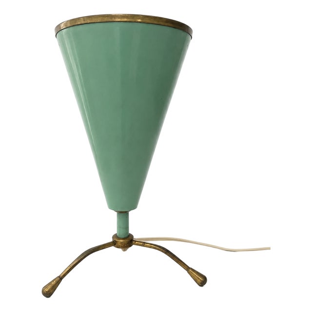 Mid-Century Modern Italian Sage Green Lacquered Aluminum Tripod Table Lamp from Stilnovo, 1950s For Sale