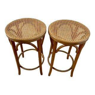 Vintage Bamboo Bentwood Cane Stools, Set of Two For Sale