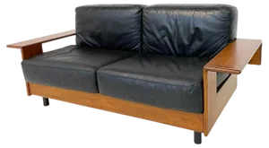 Mid-Century Modern Italian Sofa in Black Leather and Wood, 1960s