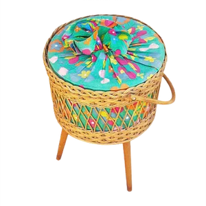 Wicker Sewing Basket with Flower Fabric, 1950s