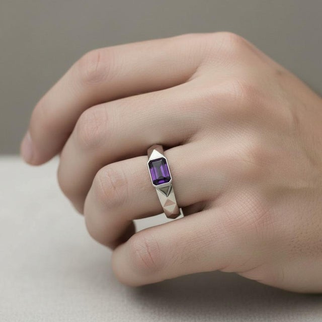 Amethyst Solitaire Ring for Men Silver, Gold, Size 10 For Sale - Image 6 of 7
