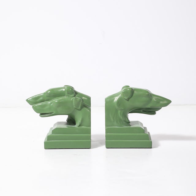 Art Deco Pair of Green Enameled Double Greyhound Bookends Signed Nuart Creations For Sale - Image 3 of 10