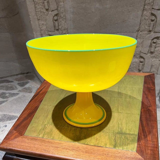 Czech Art Tango Glass Pedestal Bowl Yellow & Green For Sale In San Diego - Image 6 of 10