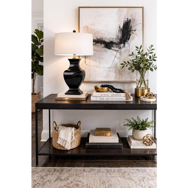 Vintage Sculptural Gloss Black Ceramic Urn Table Lamp With 14” Linen Drum Shade – 23” Tall For Sale In Los Angeles - Image 6 of 7