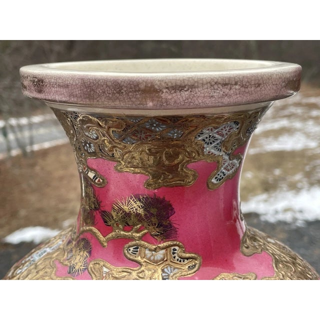 Japanese 18" Fine & Large Antique Pink Satsuma Deep Relief Warrior Vase Meiji Era 19th C. For Sale - Image 3 of 18