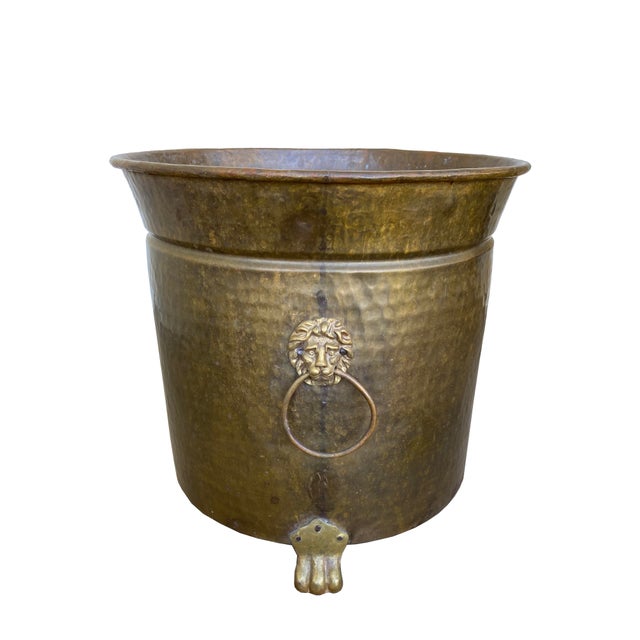 English Large Antique Brass Jardinière With Lion Motifs and Ring Handles For Sale - Image 3 of 8