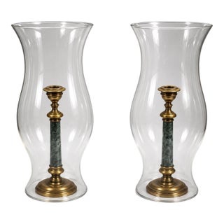 Pair of 1940’s Brass and Marble French Hurricane Lamps For Sale