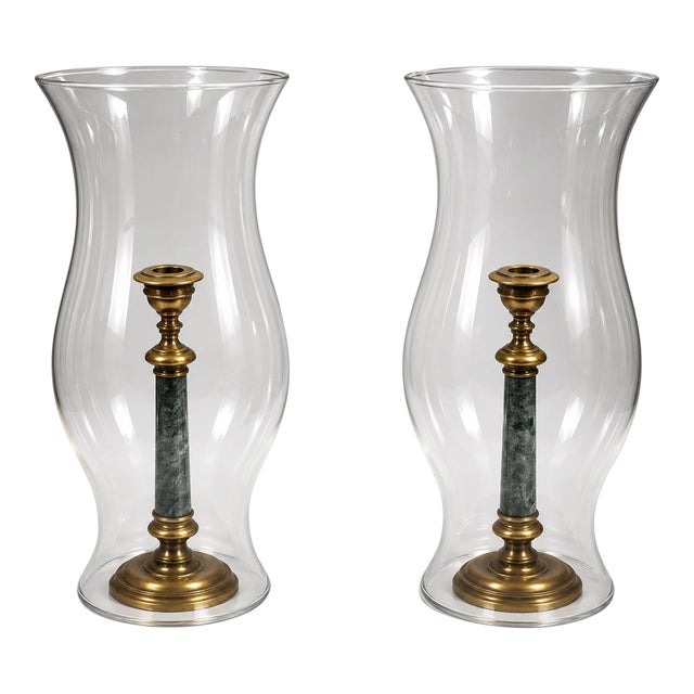 Pair of 1940’s Brass and Marble French Hurricane Lamps For Sale