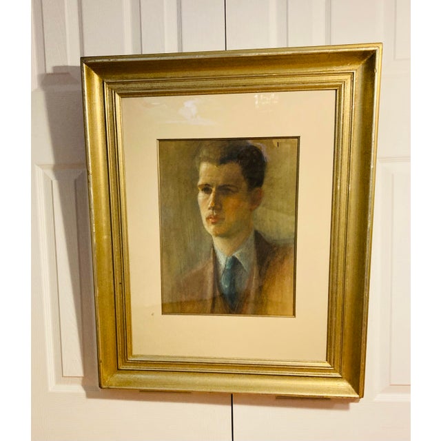 Portraiture Vintage Original One of a Kind Portrait of a Man in Pastels on Paper in Silver Gilt Frame For Sale - Image 3 of 6
