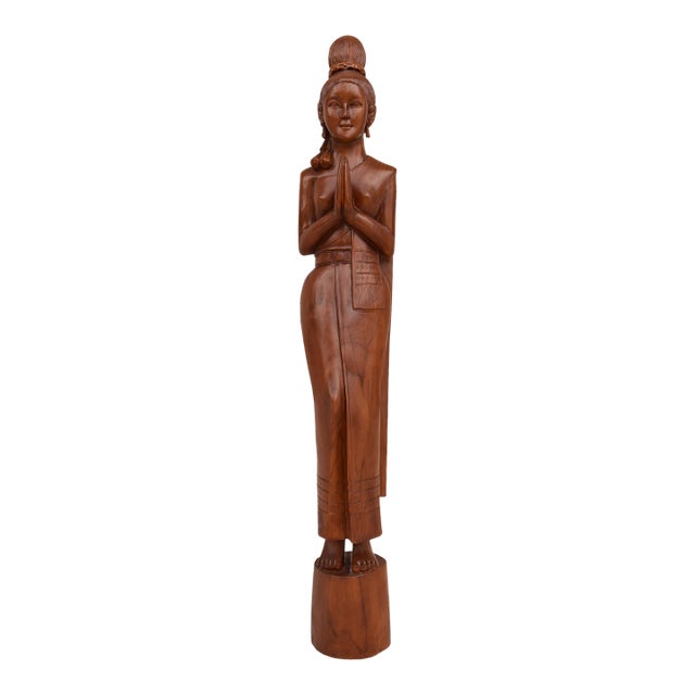 Mid 20th Century Life Size Hand Carved Solid Wood Sawasdee Thai Women Greeter Statue For Sale