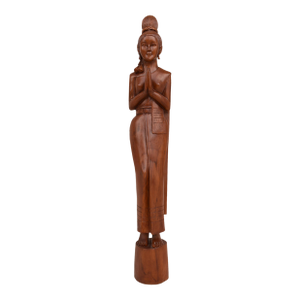 Mid 20th Century Life Size Hand Carved Solid Wood Sawasdee Thai Women Greeter Statue