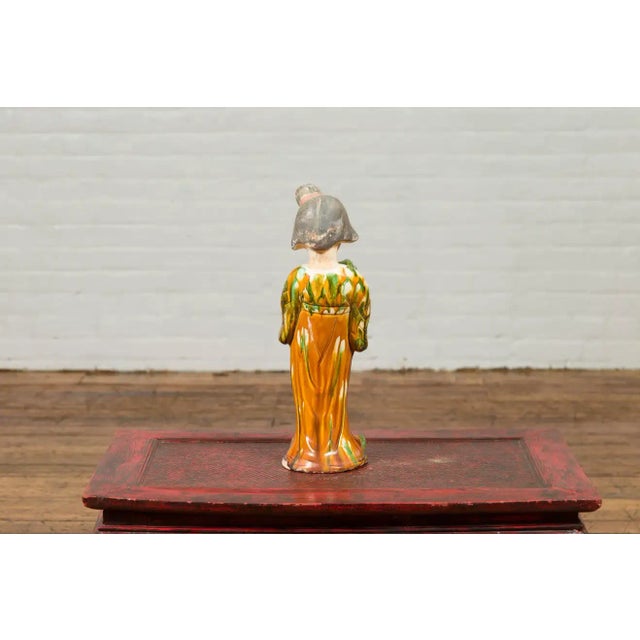 Chinese Court Lady Statue with Egg and Spinach Pattern Kimono and Holding a Dog For Sale - Image 12 of 13