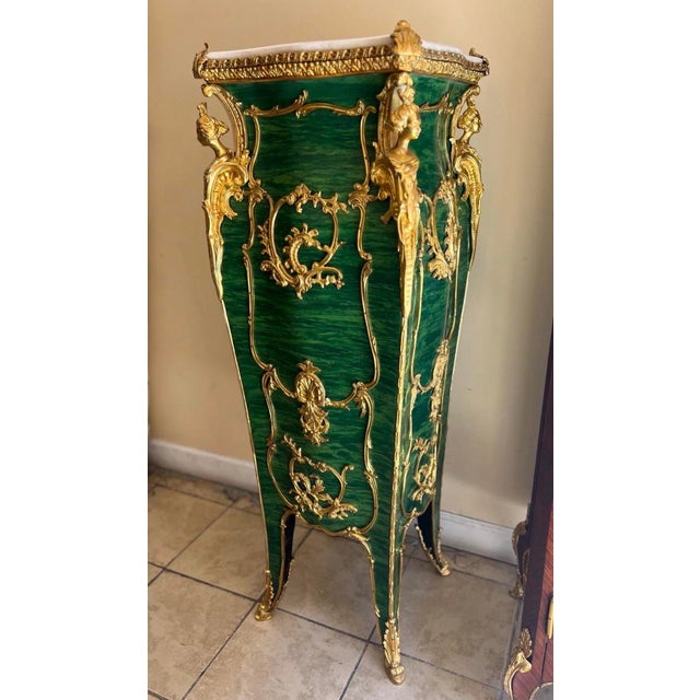 Art Nouveau Pair of Faux Malachite Pedestals For Sale - Image 3 of 8