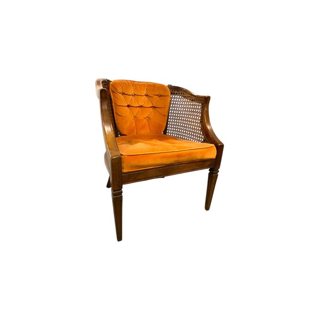 Pair of Mid-Century Caned Barrel Back Chairs With Persimmon Velvet Upholstery For Sale - Image 10 of 11