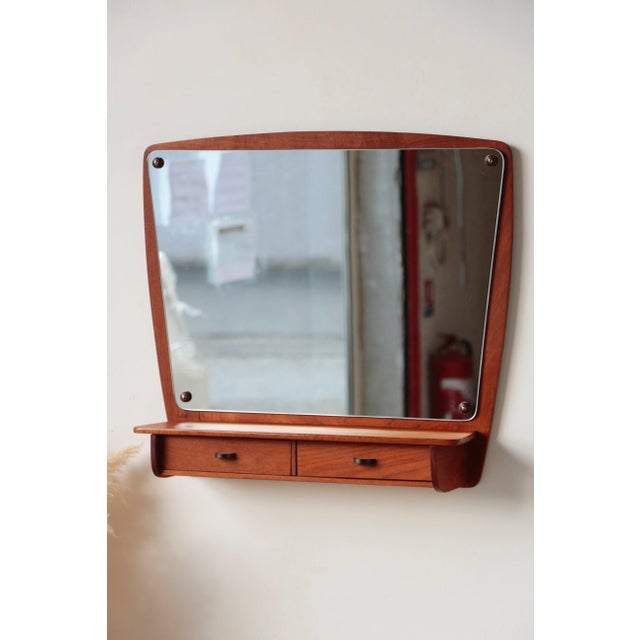 Metal Mid-Century Danish Teak Wall Mirror with Drawers, 1960s For Sale - Image 7 of 16