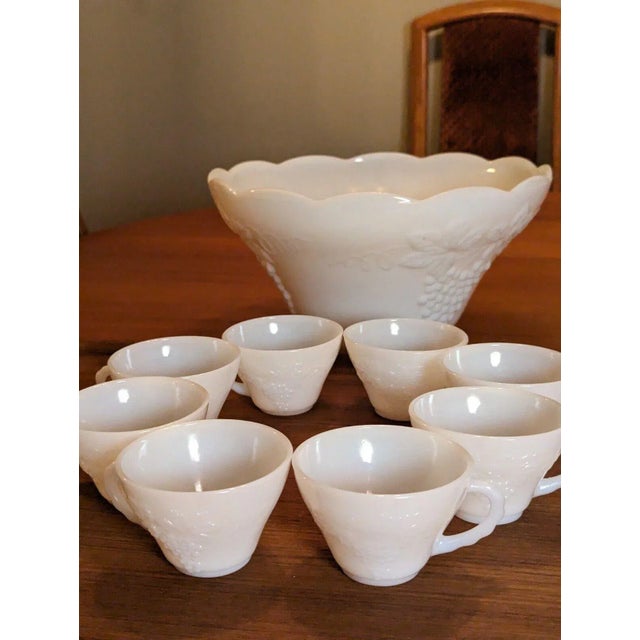 Late 20th Century Anchor Hocking Mid Century Milk Glass Grape Design Punch Bowl - 16 Pieces For Sale - Image 11 of 12