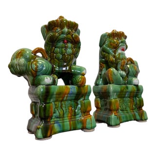 Vintage Mid-Century Sancai Glazed Ceramic Chinese Foo Dogs - A Pair For Sale