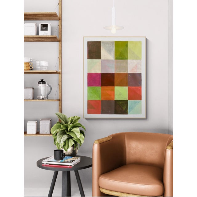 This piece combines color pencil shapes washed over with lively paint colors including warm reds, browns and cool blues...