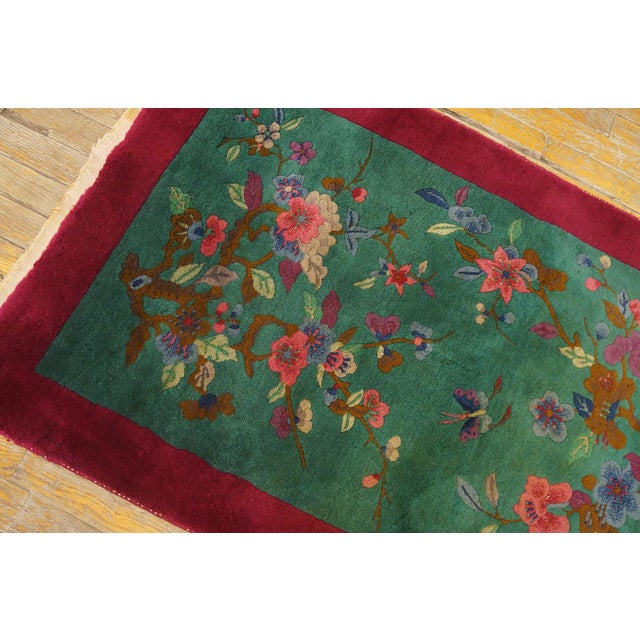 Lovely Dark Green Color With Special Floral Design Antique Chinese Art Deco Rug For Sale - Image 4 of 12