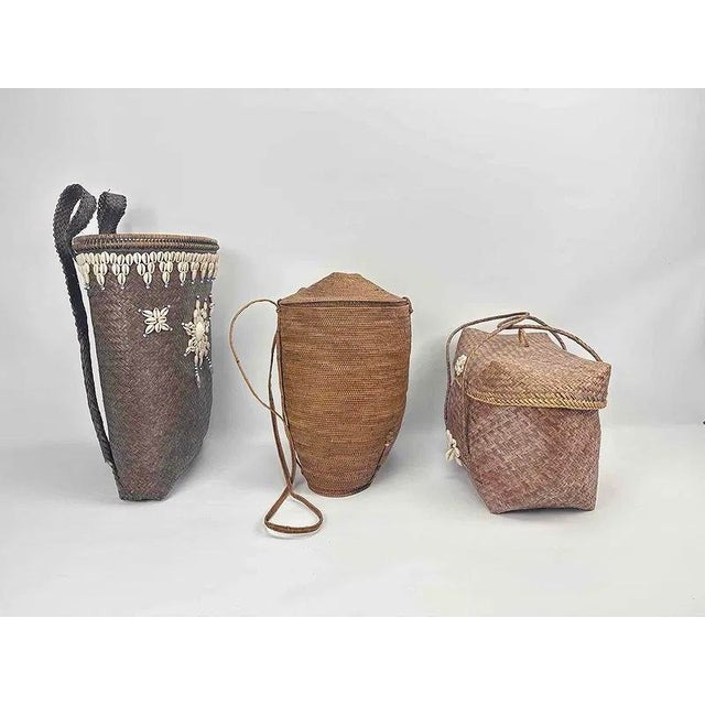 Wood Three Vintage Handwoven Rattan and Shell Bags / Baskets For Sale - Image 7 of 14