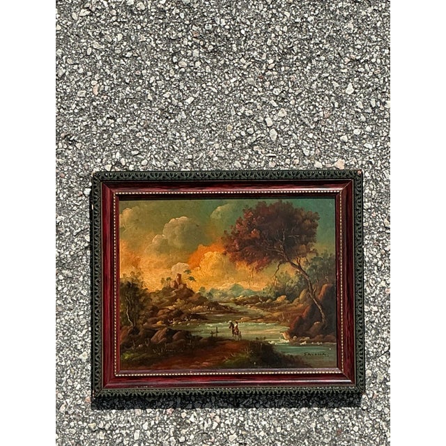 Orange Vintage Original Landscape Oil Portrait on Board For Sale - Image 8 of 12
