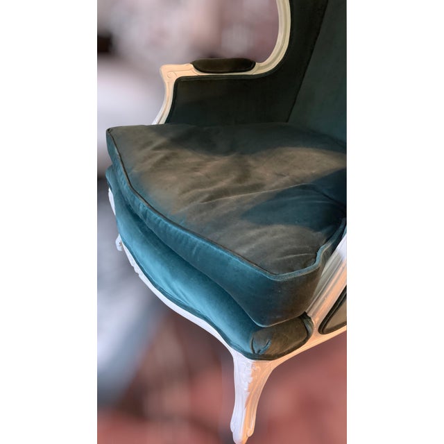 Wood Mid-20th Century French Provincial Wingback Chair in Kravet Peacock Blue Velvet For Sale - Image 7 of 18